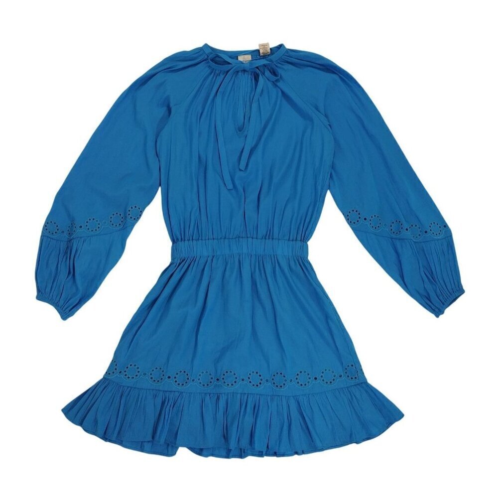 Joie XS Blue Long Sleeve Ruffled Mini Dress, Embroidered Details, Elastic Waist.